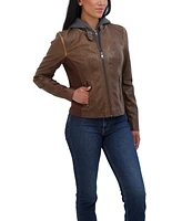 Sebby Collection Women's Zip Front Faux Leather Jacket With Removeable Hood Bib