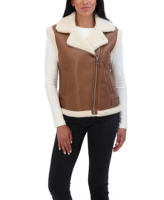 Sebby Collection Women's Moto Zip Front Faux Leather Shearling Vest