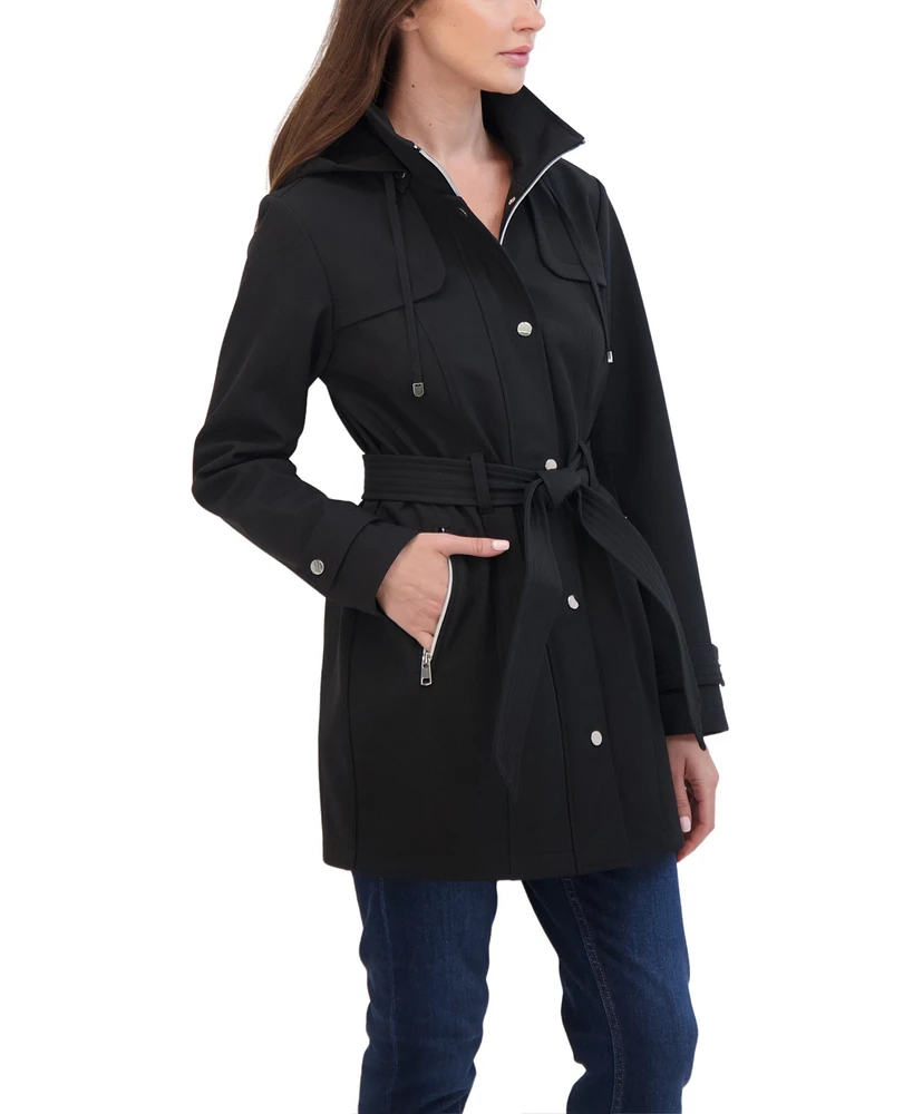 Sebby Collection Women's Belted Zip Front Soft Shell Trench Coat With Detachable Hood