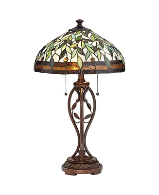 Blossoming Leaf Vine Traditional Tiffany Style Table Lamp with Table Top Dimmer 26" High Bronze Stained Glass Shade Decor for Living Room Bedroom