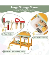 Kids Wooden Toy Workbench with Storage Space & Blackboard Tool Accessories for Boys