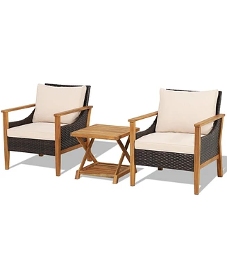 Slickblue 3 Pieces Patio Wicker Furniture Set with 2-Tier Side Table and Cushioned Armchairs