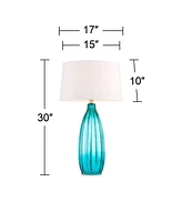 360 Lighting Stella Modern Coastal Table Lamp 30" Tall Fluted Blue Ribbed Glass White Tapered Drum Shade Decor for Bedroom Living Room House Bedside N