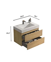 30" Wall-Mounted Vanity: Natural Oak, Glossy White Basin