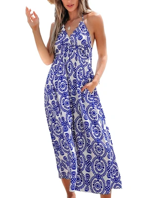 Cupshe Women's Blue & White Ornate Sleeveless Halterneck Midi Beach Dress