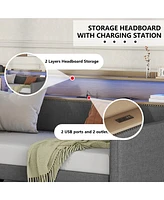 Streamdale Furniture Twin Daybed with Storage, Charging Station, Led Lights, and Linen Fabric