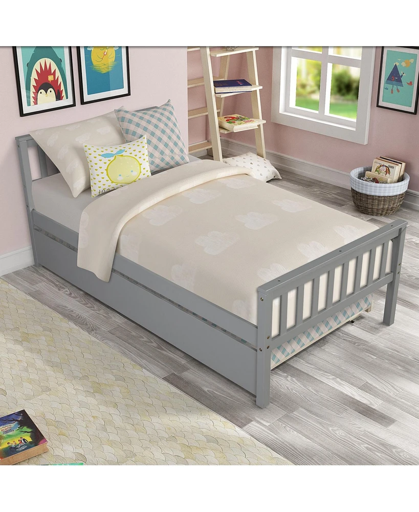 Simplie Fun Twin Bed with Trundle, Platform Frame, Headboard/Footboard, Grey