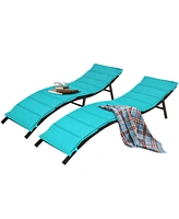 Gymax Set of 2 Folding Wicker Chaise Portable Lounge Chair w/ Turquoise Cushion