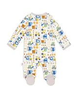 Easy = Magnetic Close Baby Boys Construction Print Footed Coverall