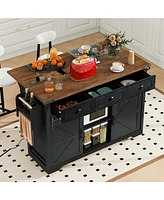Big Black Wood Grain Farmhouse Kitchen Island with Power Outlet and Sliding Barn Doors