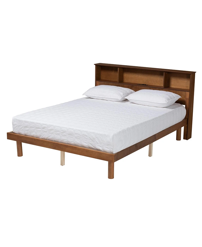 Baxton Studio Lochlan Mid-Century Modern Transitional Walnut Brown Finished Wood Queen Size Platform Bed with Charging Station