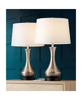 360 Lighting Simon Modern Table Lamps 25 1/2" Tall Set of 2 with Usb Charging Port Brushed Nickel White Fabric Drum Shade for Bedroom Living Room Hous