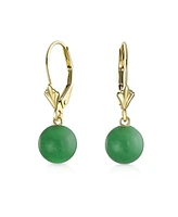 Bling Jewelry Real 14K Yellow Gold Created Green Natural Jade Round Bead Lever back Dangle Ball Drop Earrings For Women