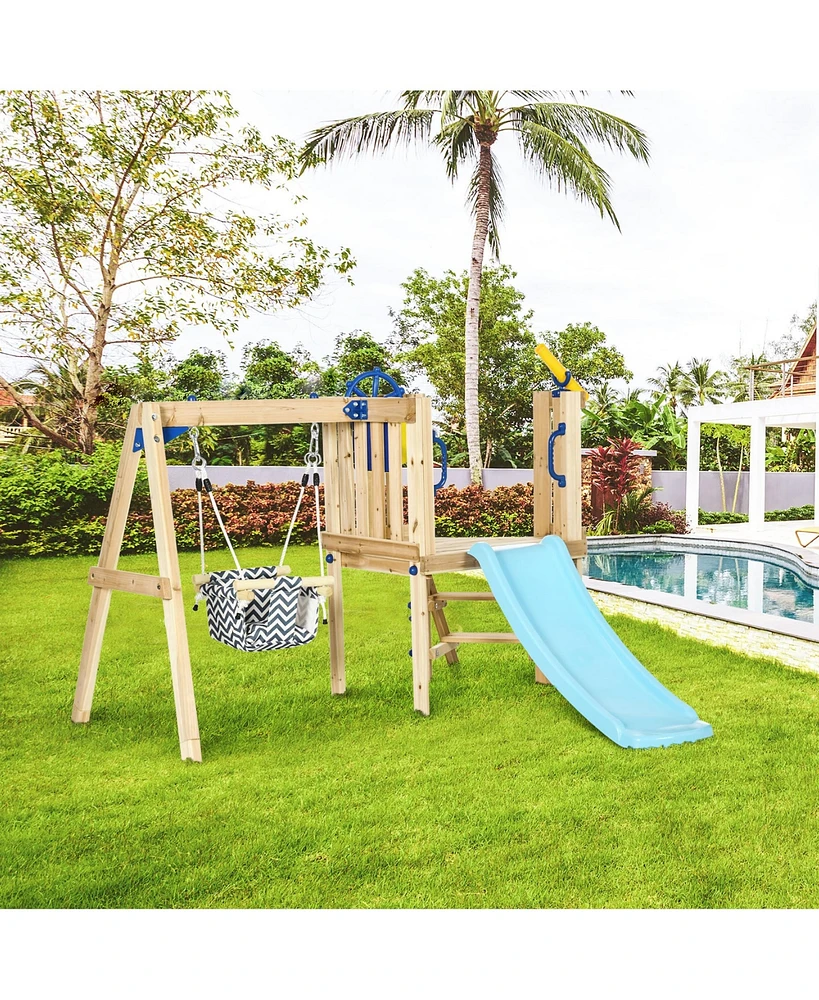 Wooden Swing Set with Slide, Captain's Wheel & Telescope