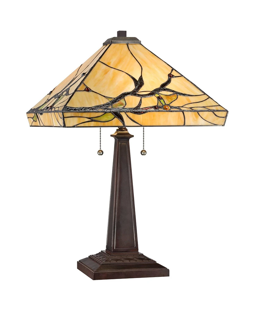 Robert Louis Tiffany Budding Branch Mission Tiffany Style Table Lamp with Table Top Dimmer 24" High Warm Bronze Metal Art Glass Square Shade for Livin