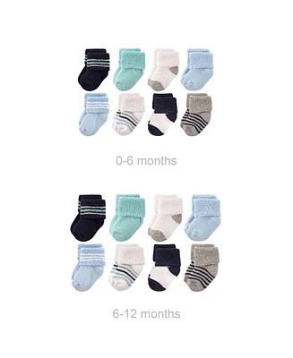 Luvable Friends Baby Boys Grow with Me Cotton Terry Socks, Mint Gray Navy Stripes, 0-6 and 6-12 Months