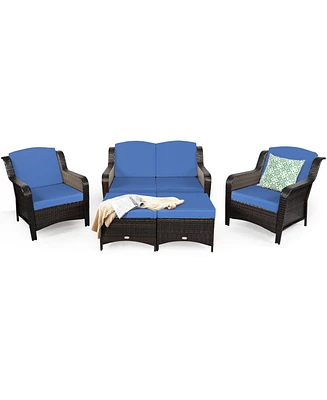 Skonyon 5 Pieces Patio Rattan Sofa Set with Cushion and Ottoman