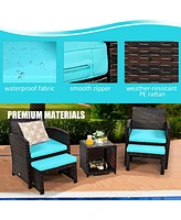 Sugift 5 Pieces Patio Rattan Furniture Set with Ottoman and Tempered Glass Coffee Table