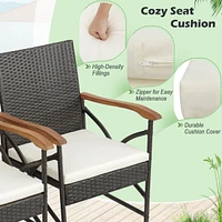 Costway 9 Pcs Patio Rattan Dining Set with Acacia Wood Table, Cushions, 1.9" Umbrella Hole