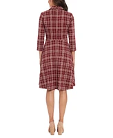 London Times Women's Plaid Collared V-Neck 3/4-Sleeve Dress