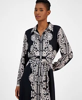 T Tahari Women's Printed Long-Sleeve Midi Shirtdress