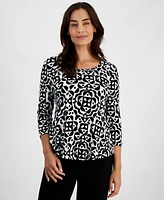 Jm Collection Petite Randeur Printed 3/4-Sleeve Scoop-Neck Top, Created for Macy's