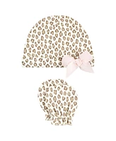 Hudson Baby Baby Girls Hudson Cotton Cap and Scratch Mitten Set, Blush Rose Leopard, 0-6 Months