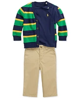 Polo Ralph Lauren Baby 3-Pc. Solid T-Shirt, Stripe Fleece Cardigan & Poplin Pants Set