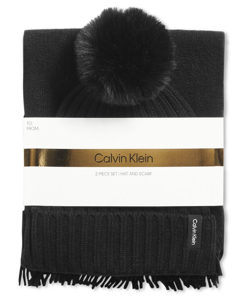 Calvin Klein Women's 2-Pc. Faux-Fur Pom Beanie & Scarf Gift Set