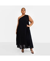 Rebdolls Plus Desiree Chiffon Pleated One Shoulder Maxi Shift Dress