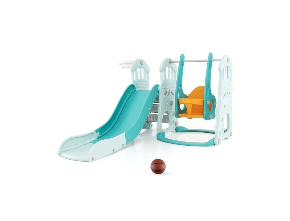 Slickblue Toddler Slide and Swing Set with Extra-long Slide Height Adjustable Swing Basketball Hoop and Climber