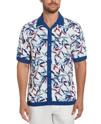 Cubavera Men's Textured Short Sleeve Button-Front Watercolor Leaf Print Camp Shirt