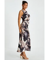 Quiz Women's Marble Satin Sleeveless Ruched Waist Maxi Dress