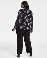 Anne Klein Plus Size Printed Split Neck Blouson Sleeve Blouse Compression Pull On Wide Leg Trousers