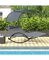 Slickblue Outdoor Dual Rocker Sunbed 2-Person Canopied Patio Lounger with Detachable Headrests-Grey