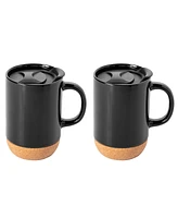 Gibson Home Modani 2 Pack Large 16.5 Oz Ceramic Mugs Set with Removable Cork Bottom and Lid - White