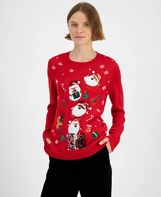 Holiday Lane Women's Santa Surprise Sequined Sweater, Created for Macy's