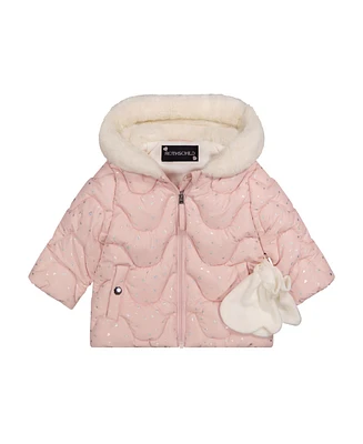 S Rothschild & Co Baby Girls Foil Wave Quilt Puffer with Mittens