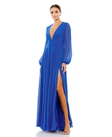 Mac Duggal Women's V-Neck Illusion Long Sleeve Chiffon Gown