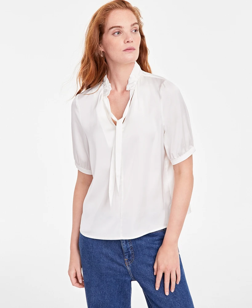 On 34th Women's Ruffle Tie Neck Elbow-Sleeve Top, Created for Macy's