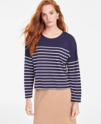 On 34th Women's Boxy Striped Long-Sleeve T-Shirt, Created for Macy's