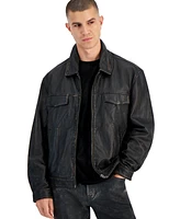 Guess Men's Distressed Full-Zip Leather Jacket