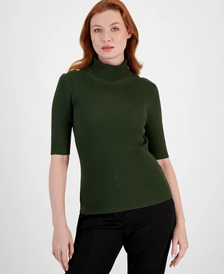 T Tahari Women's Solid-Color Elbow-Sleeve Turtleneck Sweater