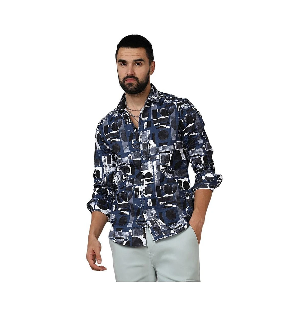 Campus Sutra Men's Navy Blue & Midnight Black Abstract Geometric Shirt