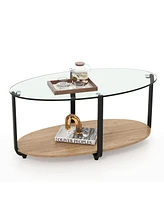 Givimo 2-Tier Glass-Top Oval Coffee Table with Wooden Shelf for Living Room