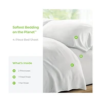 Cariloha Retreat 4-Piece Sateen Sheet Set | White | Queen | Lyocell Material | Breathable, Corner Straps, Extra soft & Cooling