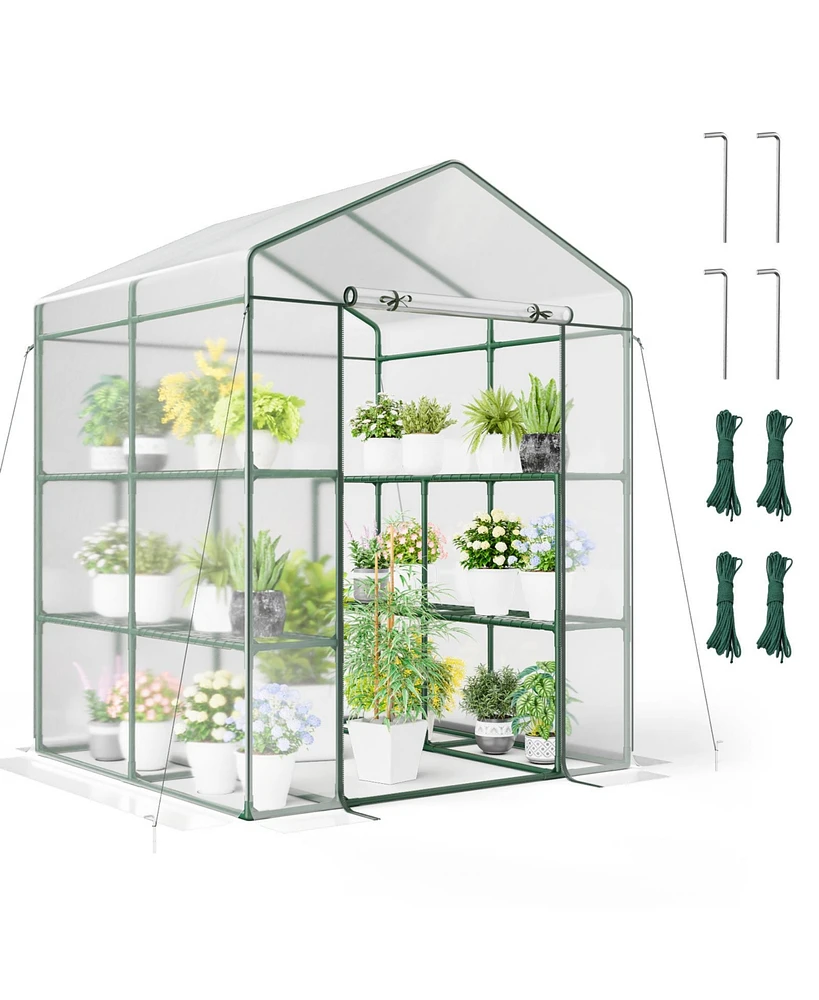 Vebreda Walk-in Greenhouse with 3 Tiers 8 Shelves Pvc Cover Roll-up Zippered Door