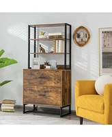 Sugift Letter Size Lateral File Cabinet with Lock and Bookshelf-Rustic
