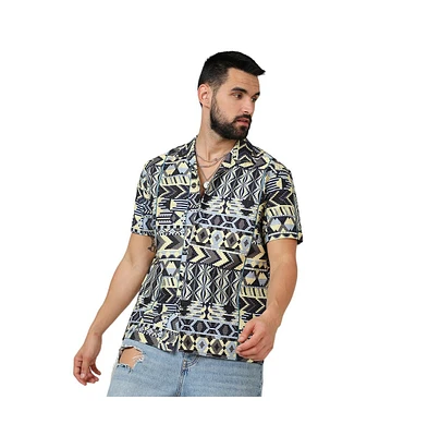 Campus Sutra Men's Sky Blue & Lemon Yellow Bohemian Shirt