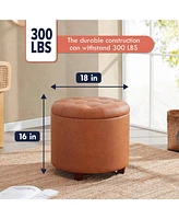 Faux Leather Round Storage Ottoman with Legs and Lift Off Lid